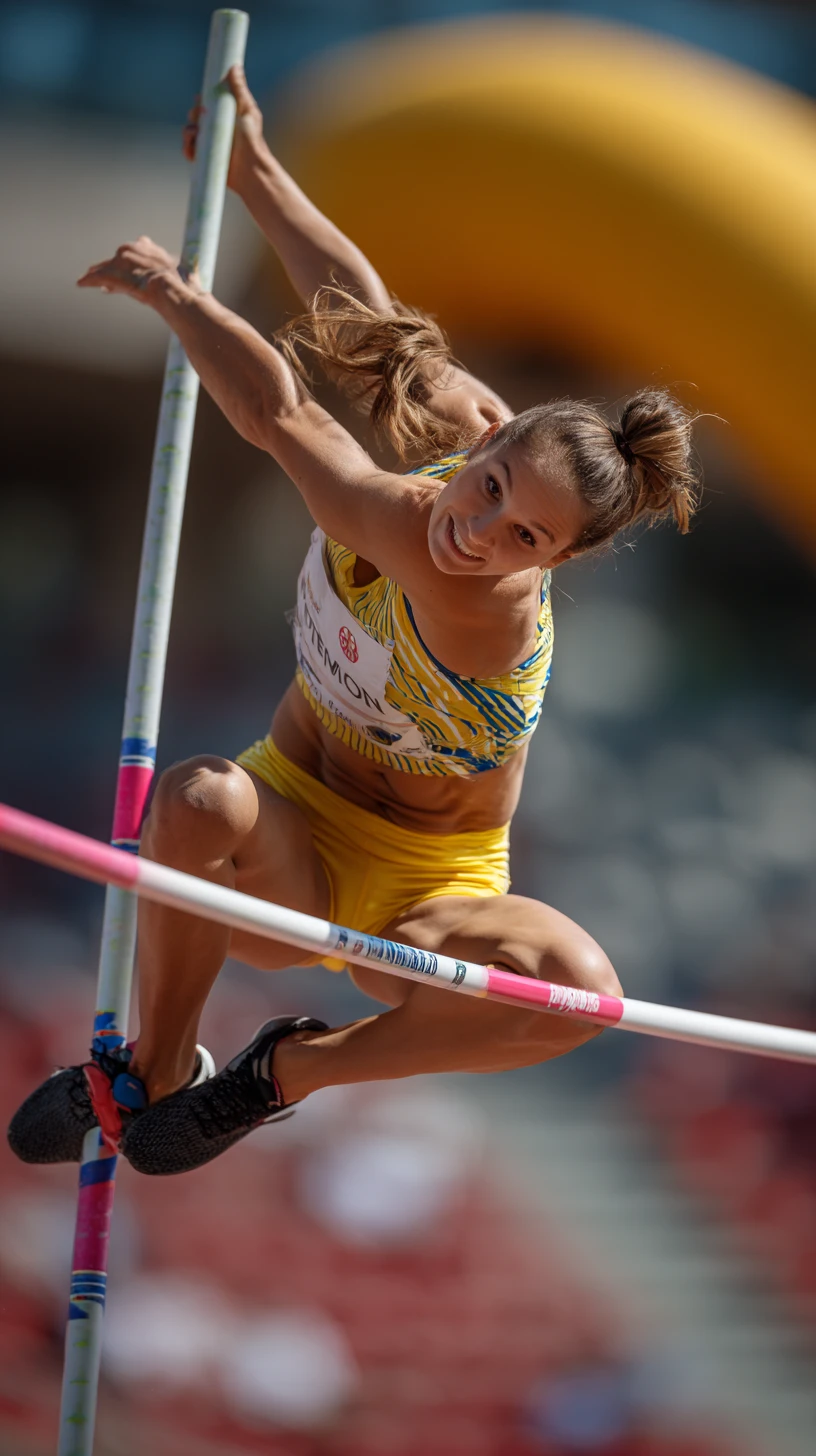 Female pole vaulter captured mid jump in stadium