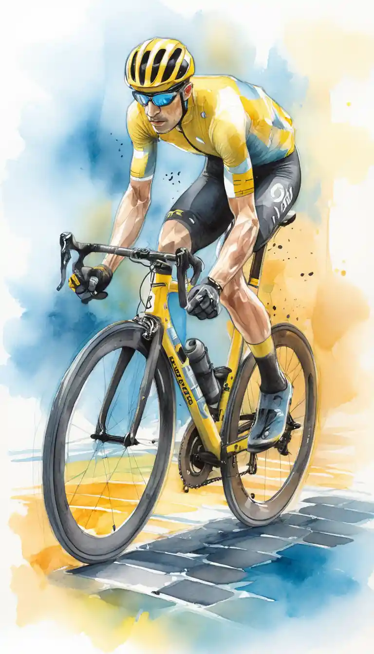 Watercolor profile of a professional cyclist on cobblestones