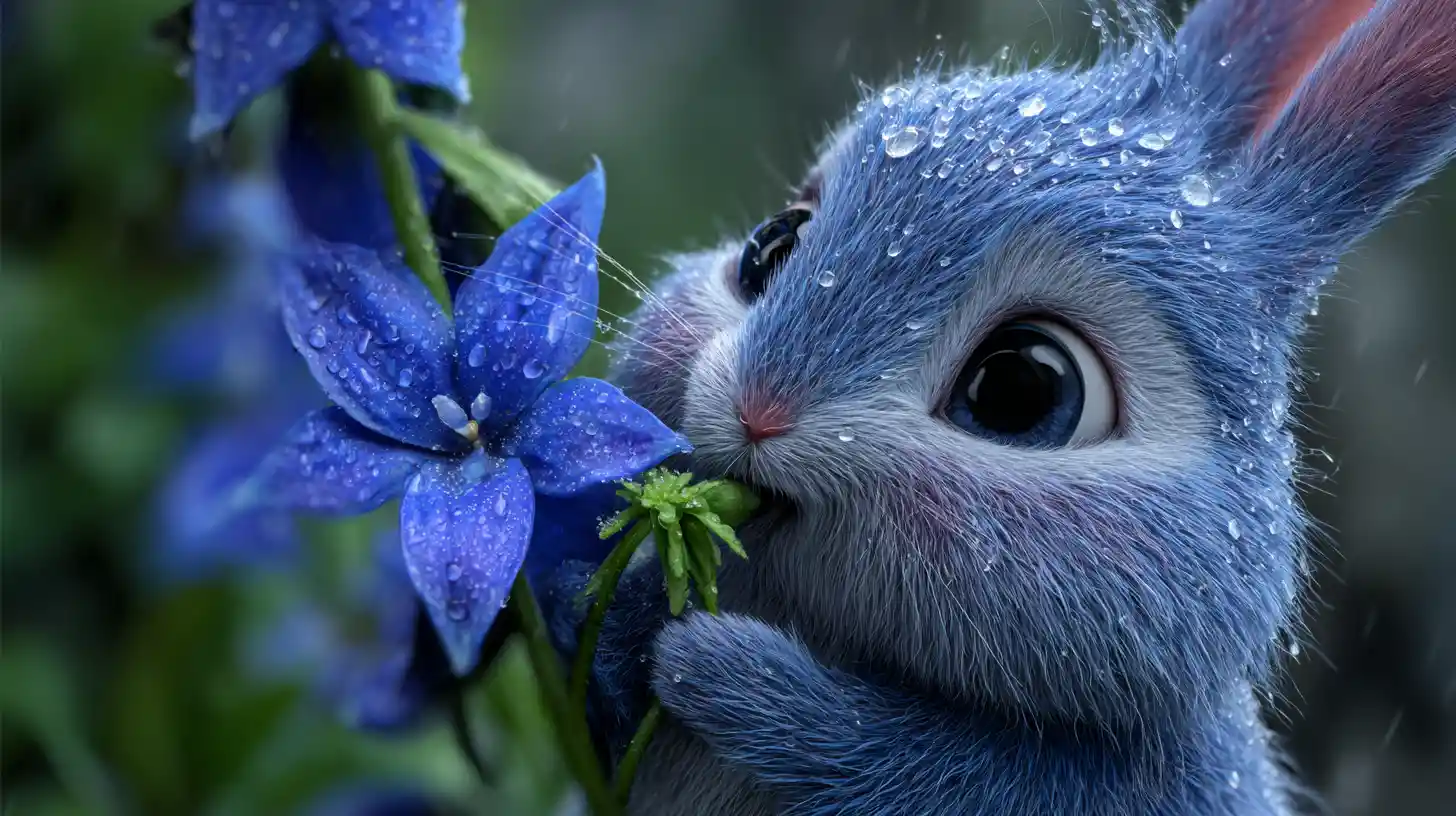 Blue fantasy creature sheltering under tall delphinium flower