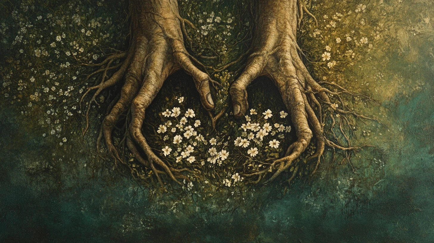 Intertwined ancient trees forming gentle handlike roots