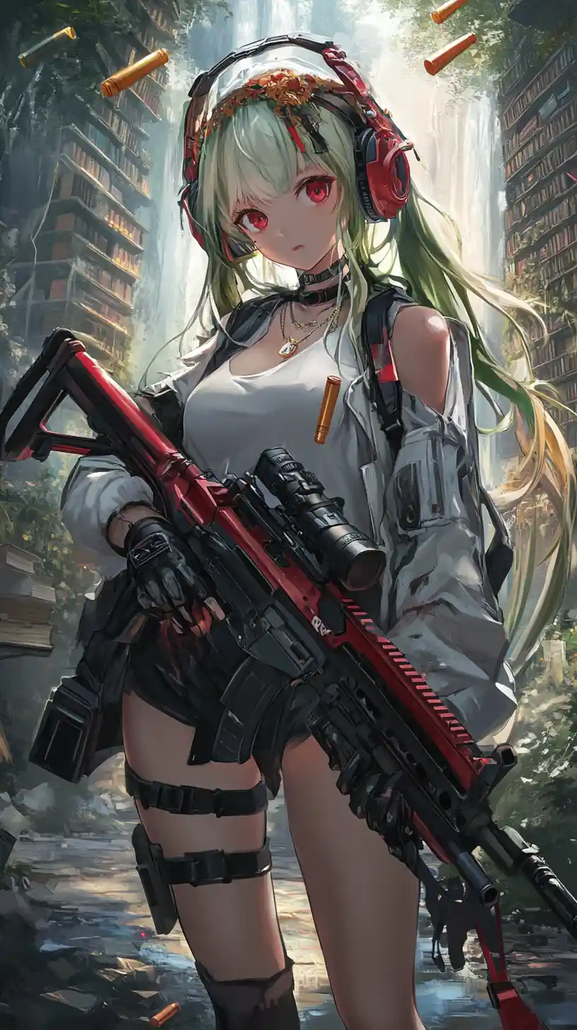 Anime girl holding worn assault rifle in winter outfit