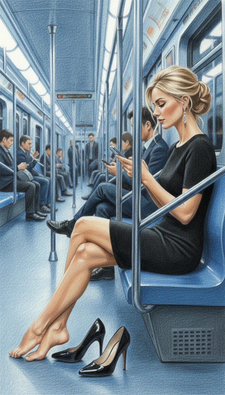 Elegant woman resting barefoot on a busy subway