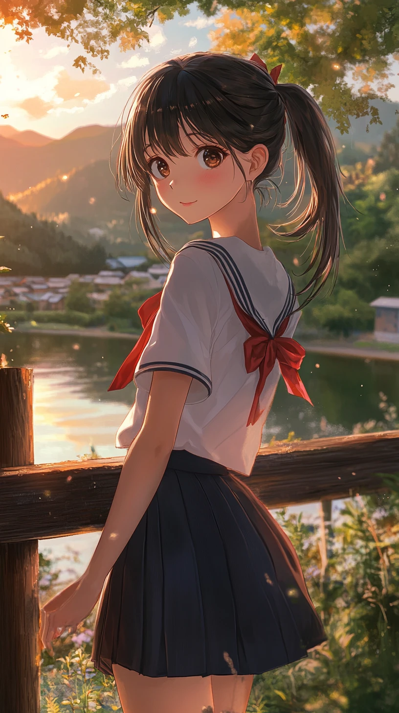 Anime schoolgirl by a sunlit lakeside fence at dusk