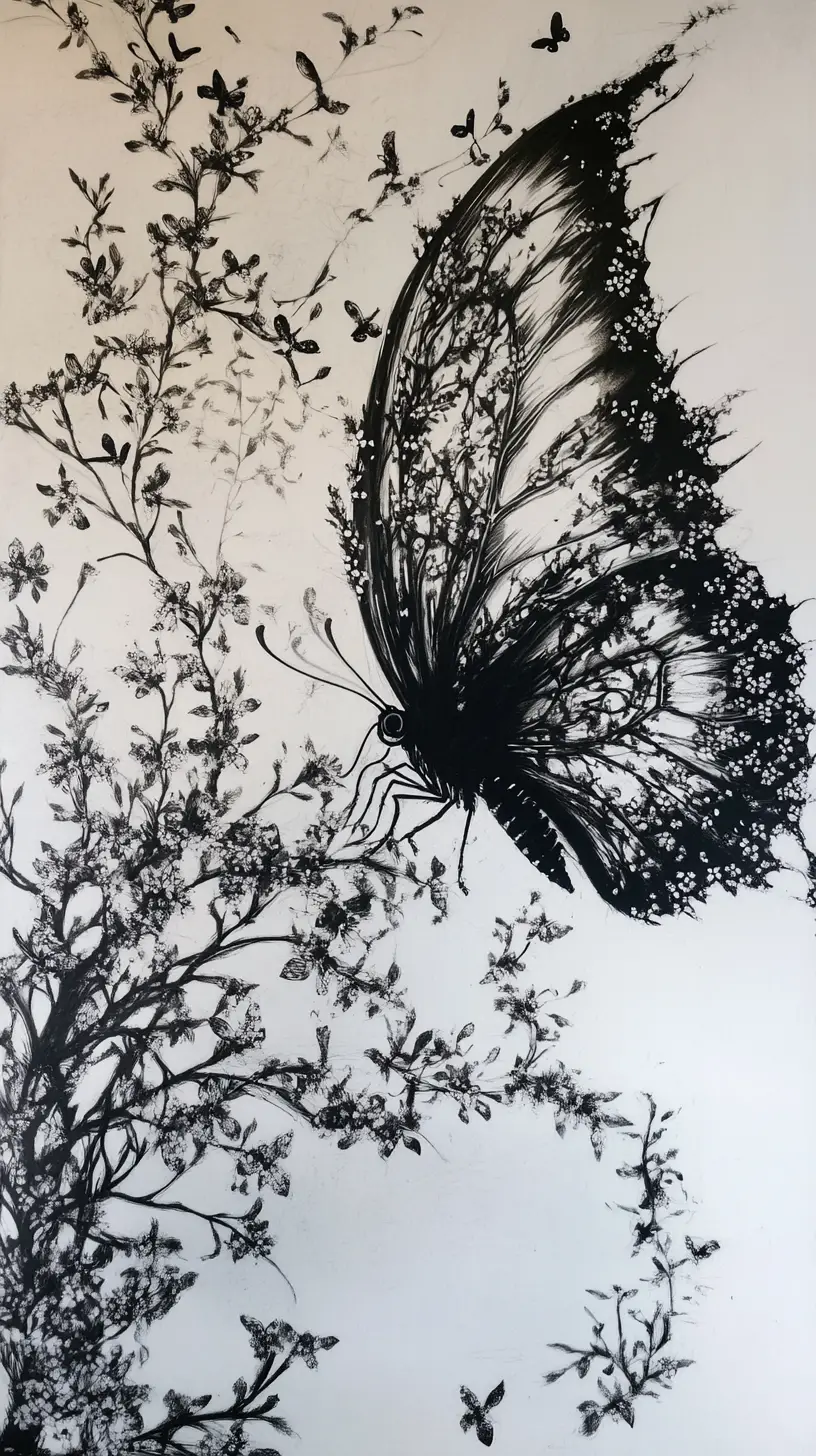 幻想的な開花した枝が繊細な蝶の羽に変容する