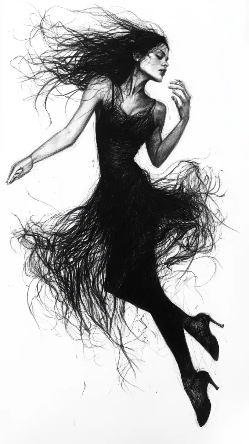 Graphite sketch of a dancer in swirling chaotic motion