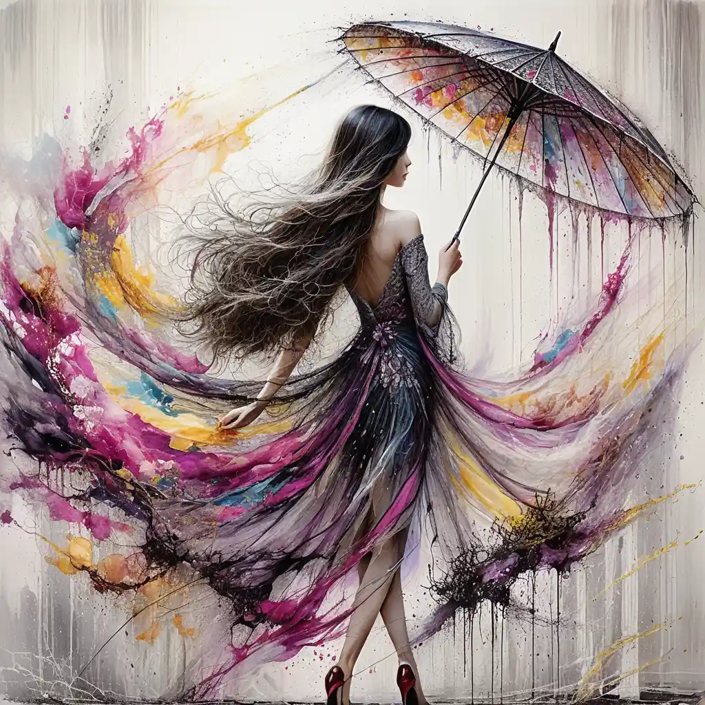 Elegant woman with watercolor umbrella walking through splashes