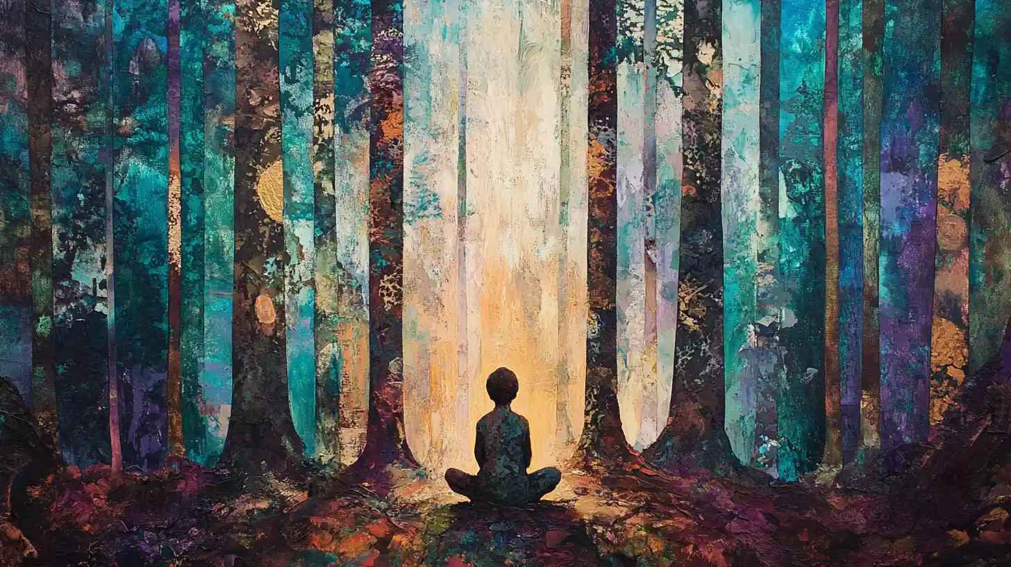 Tiny forest guardian beneath towering abstract cathedral trees