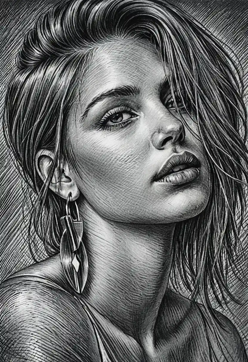 Graphite portrait of a mysterious girl with long hair