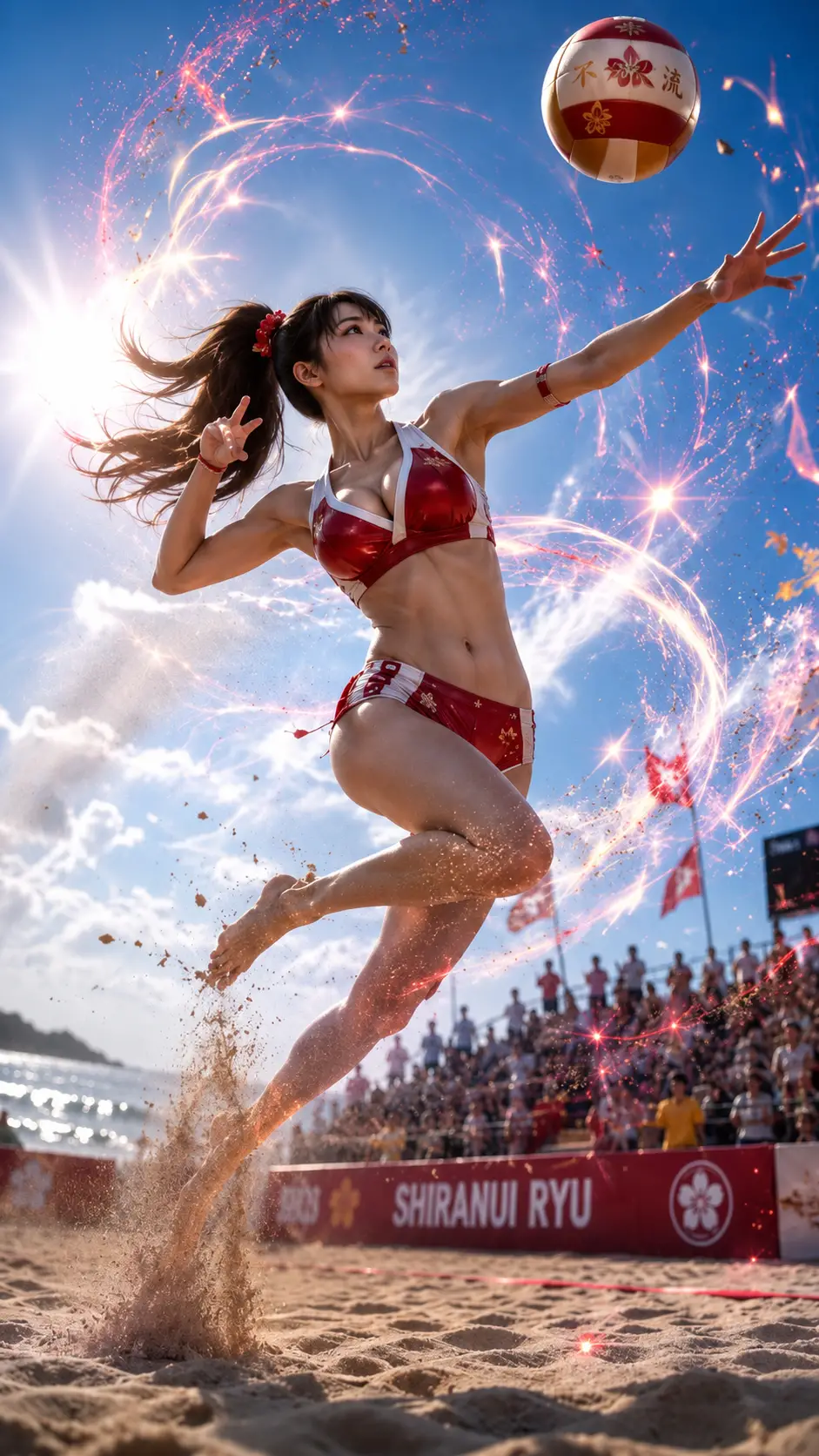 Athletic woman spiking a volleyball on a sunny beach court