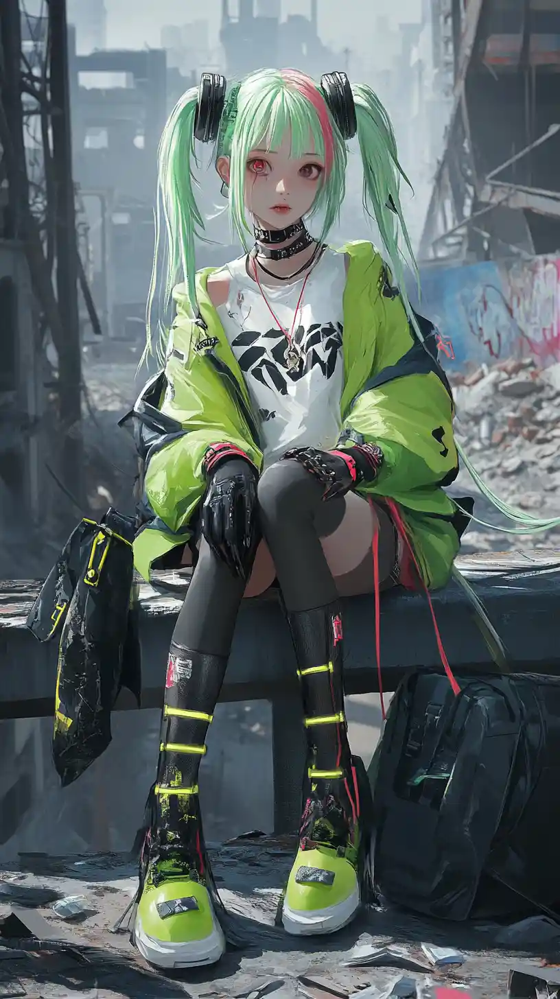 Anime girl on a bench in a ruined futuristic city