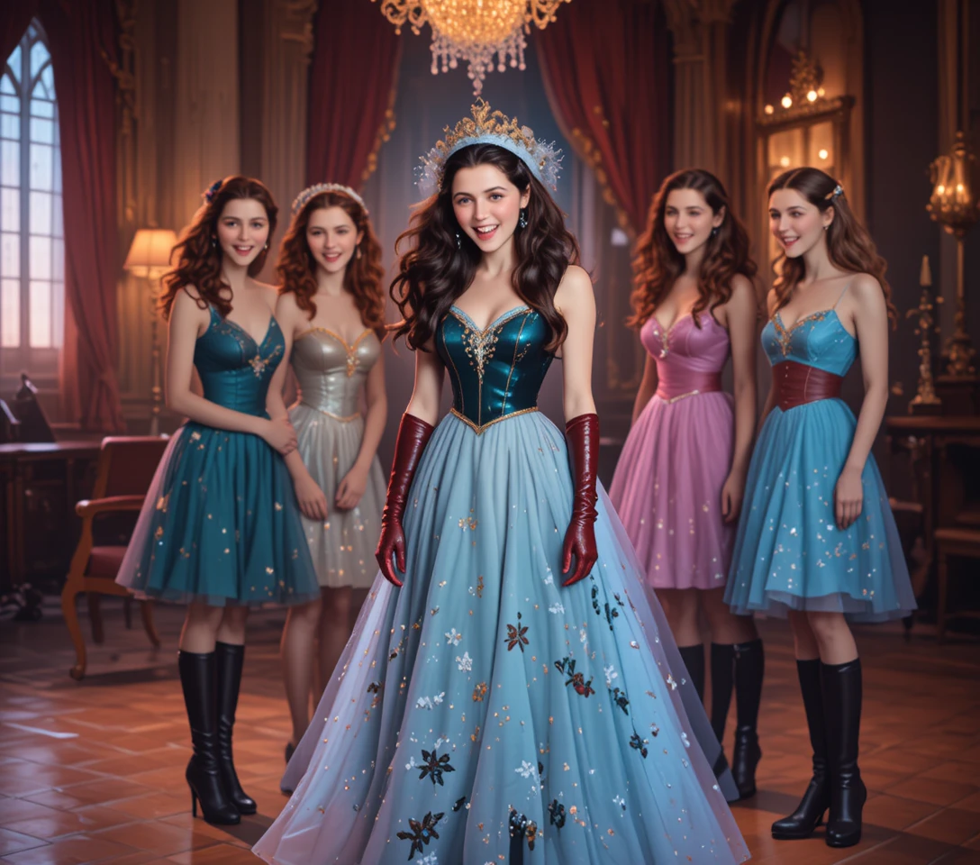 Young brunette girl in 1940s dress in bright ballroom