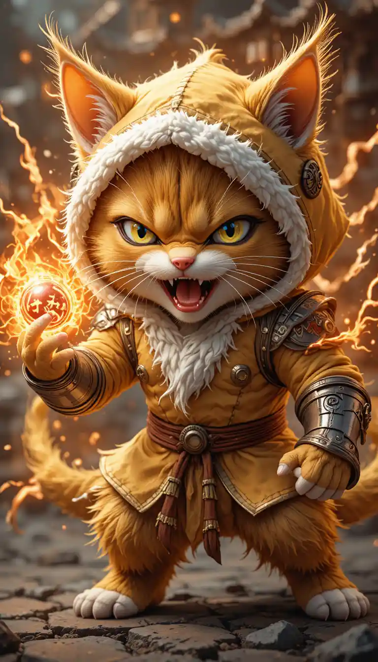 Powerful ragdoll cat warrior with elemental energy aura