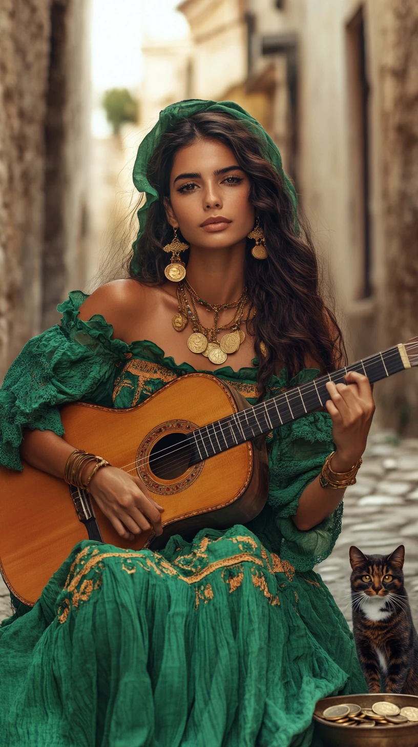 Woman in green dress playing guitar on cobblestone street