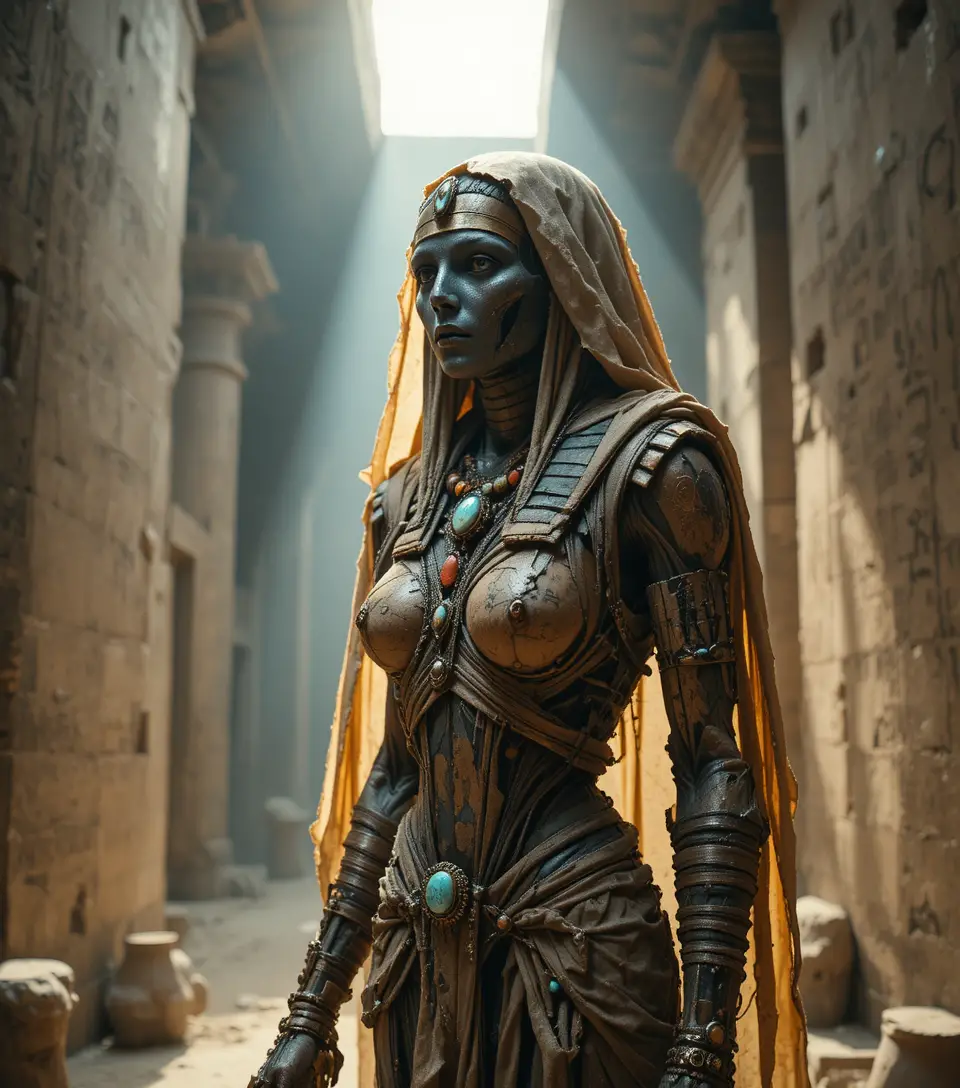 Cinematic portrait of jeweled ancient Egyptian mummy woman