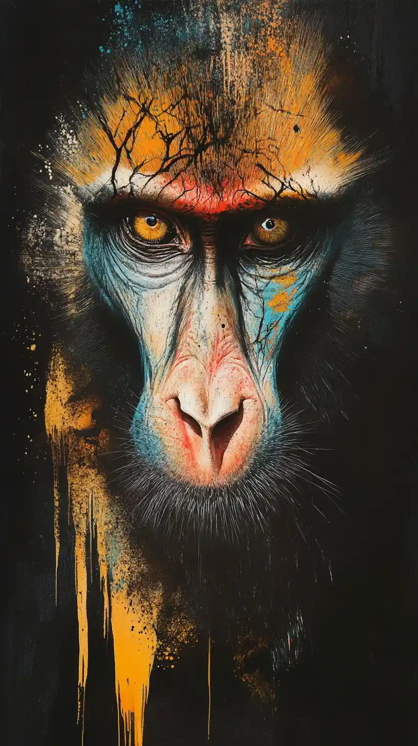 Mandrill face emerging from darkness with reflective eye