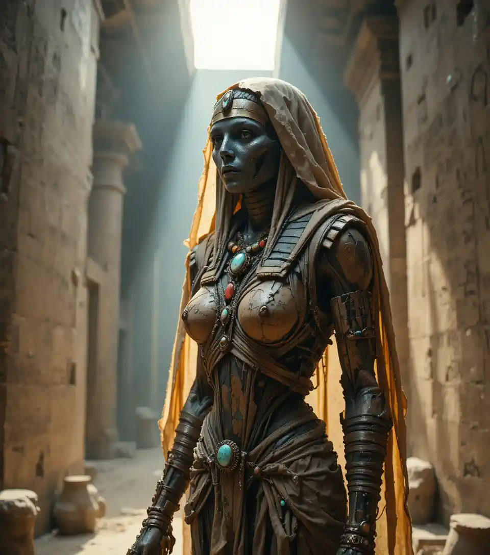Cinematic portrait of jeweled ancient Egyptian mummy woman