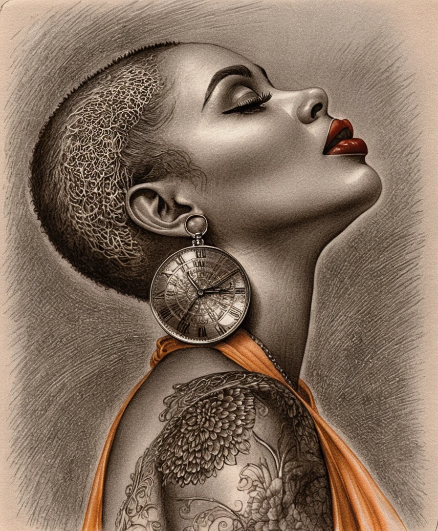 Profile portrait of shaved head woman with red lips and earring