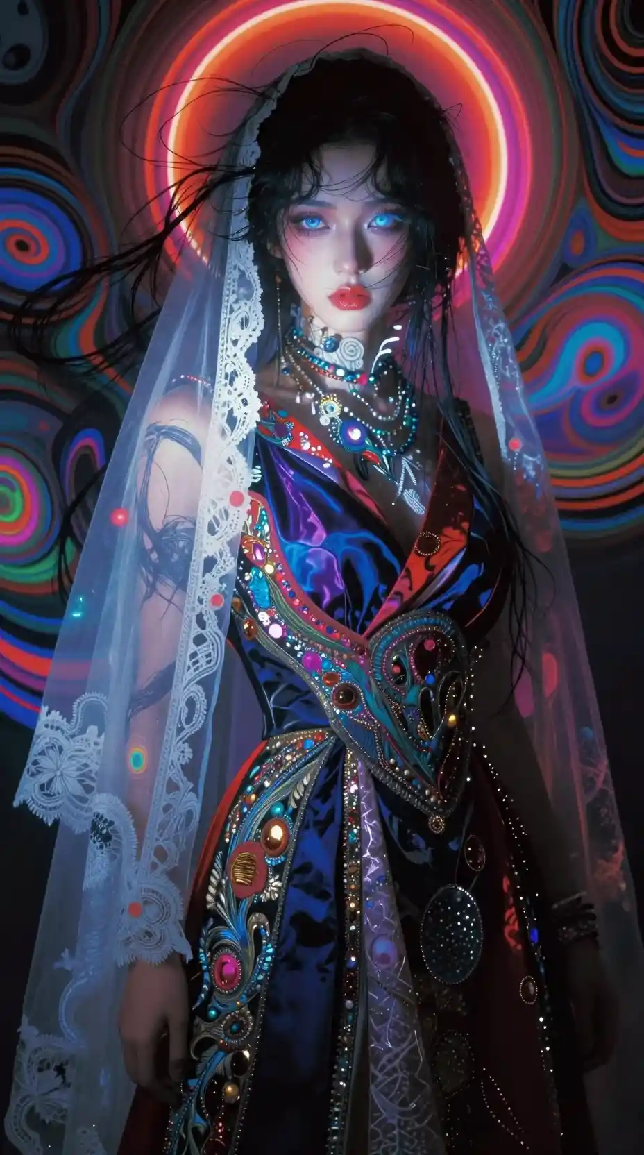 Ethereal woman in avant garde fashion with glowing eyes