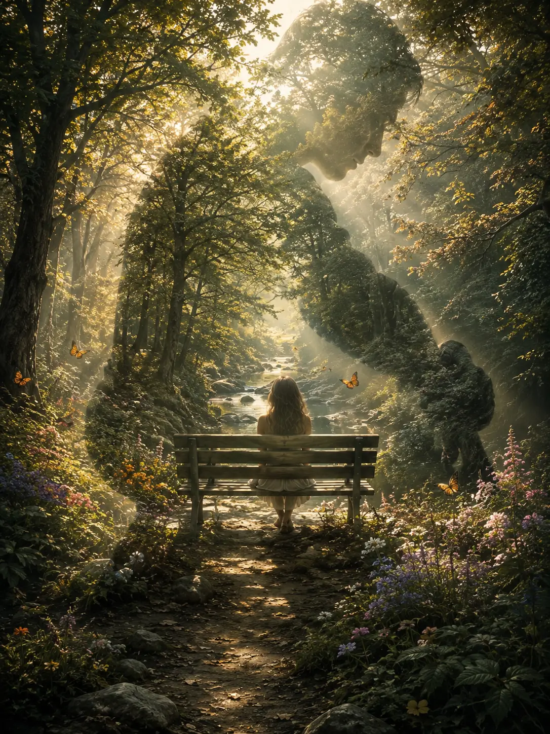 Woodland bench in warm sunlight with hidden embracing silhouette