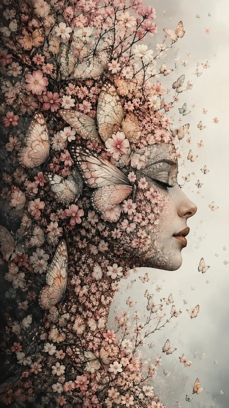 Surreal branches transforming into butterfly wings in delicate pattern