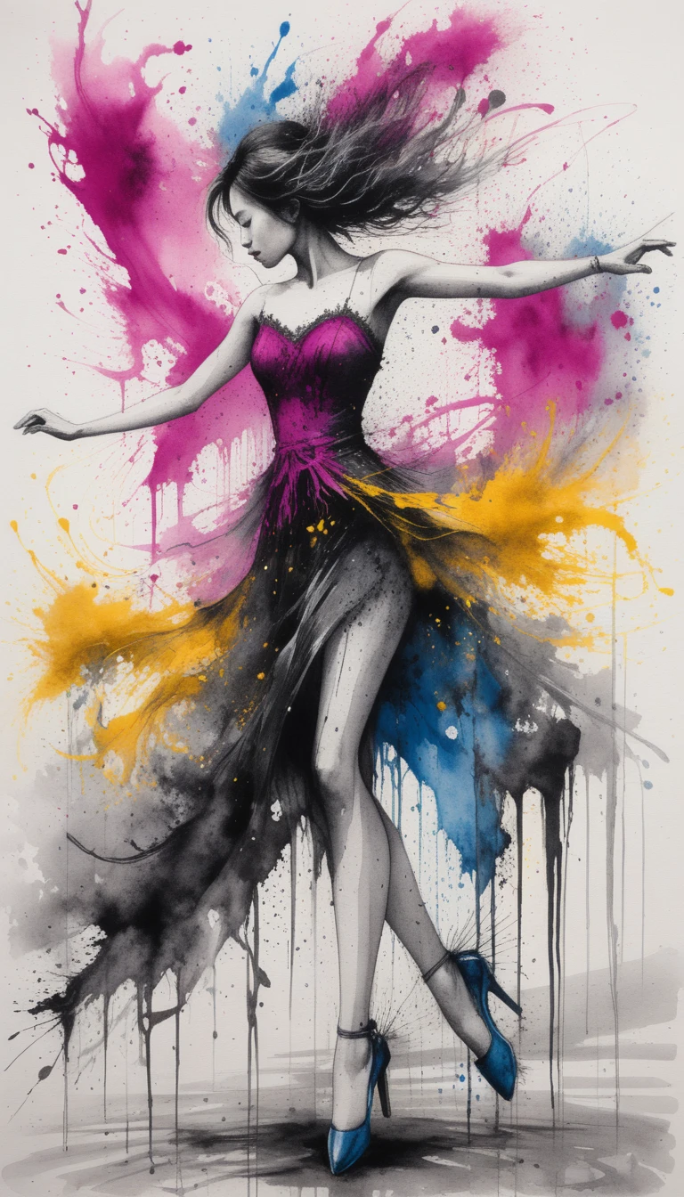Elegant woman walking with colorful umbrella in ink splashes