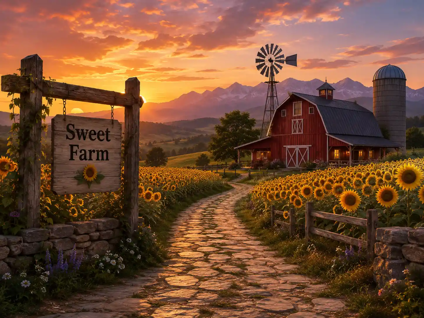 Sunset countryside farm with red barn and sunflower path