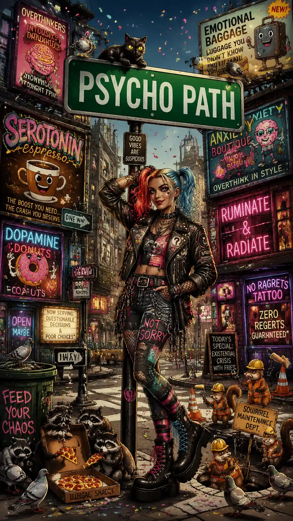 Rebellious woman posing by quirky city street sign