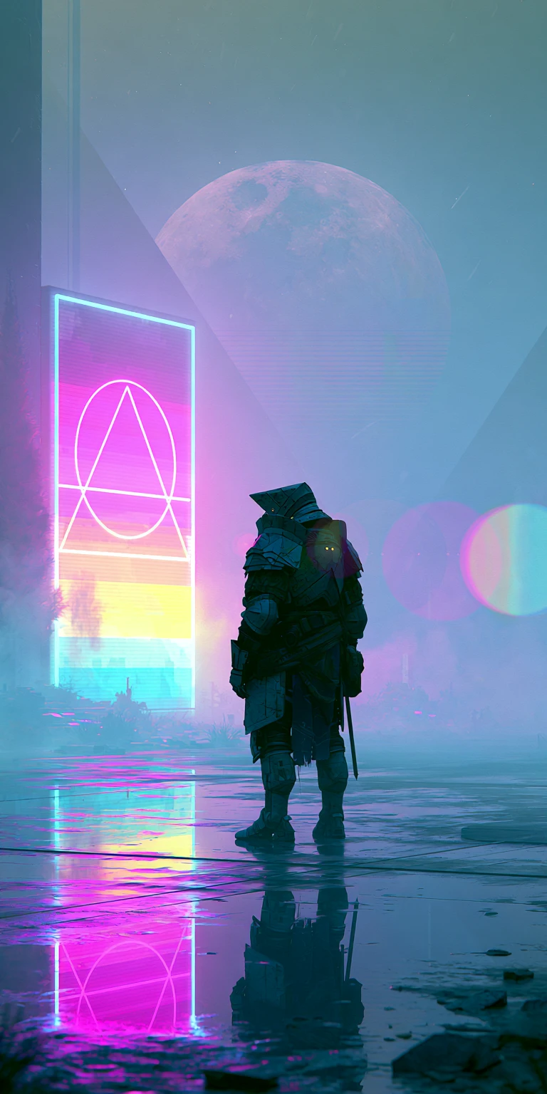 Futuristic knight under a glowing moon on neon ground
