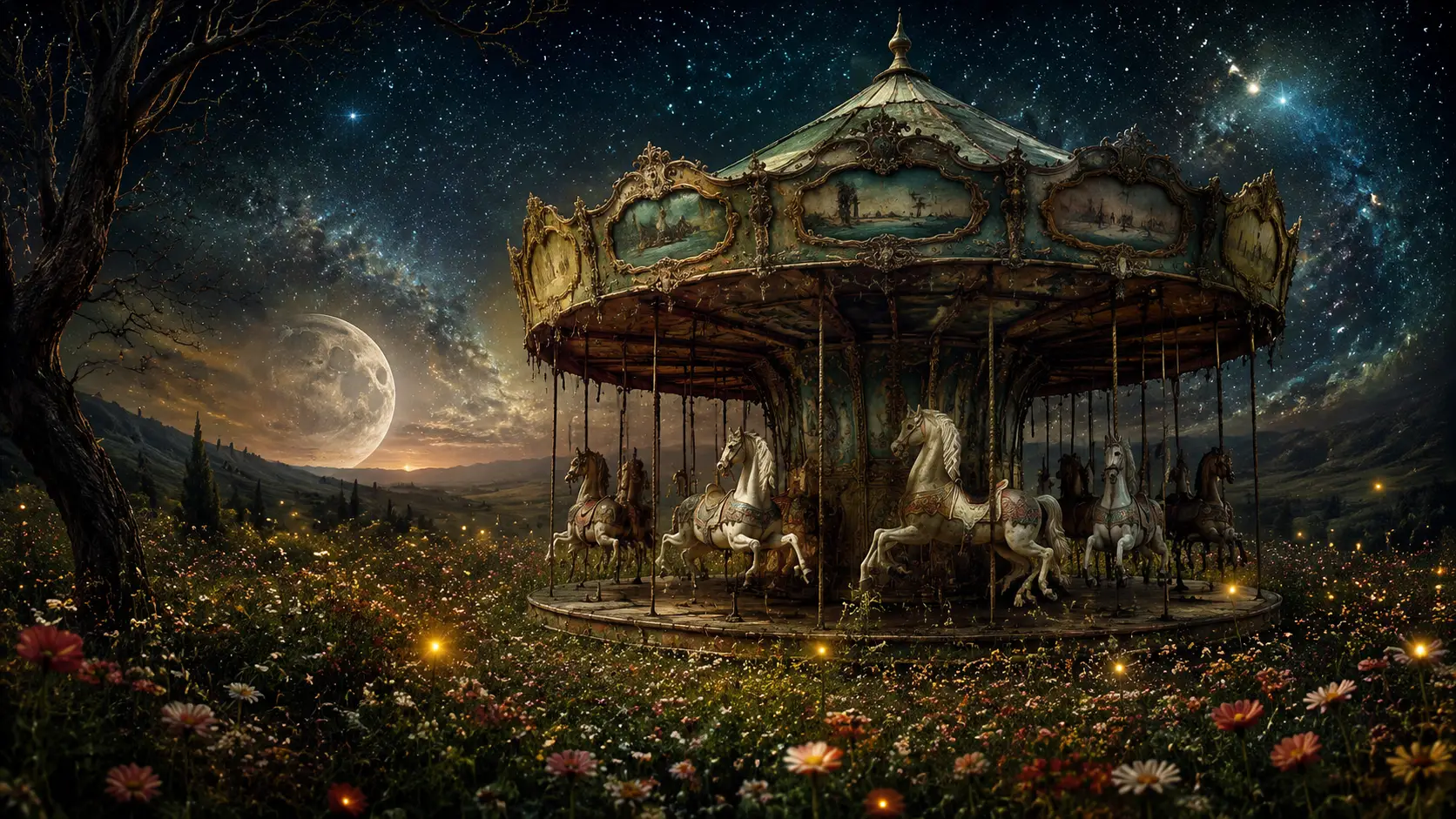 Vieux carrousel dans les fleurs sauvages sous un ciel nocturne étoilé