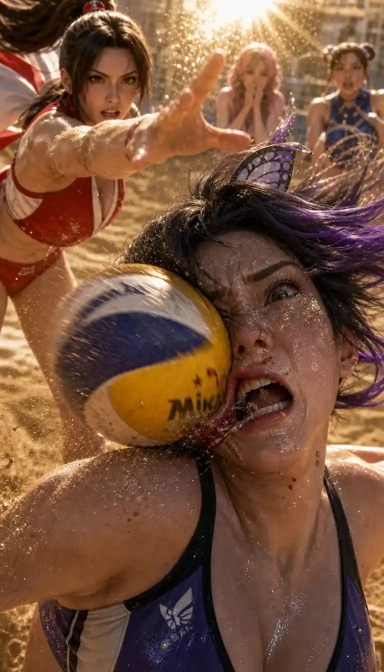 Brutal volleyball impact on woman athlete in sand court