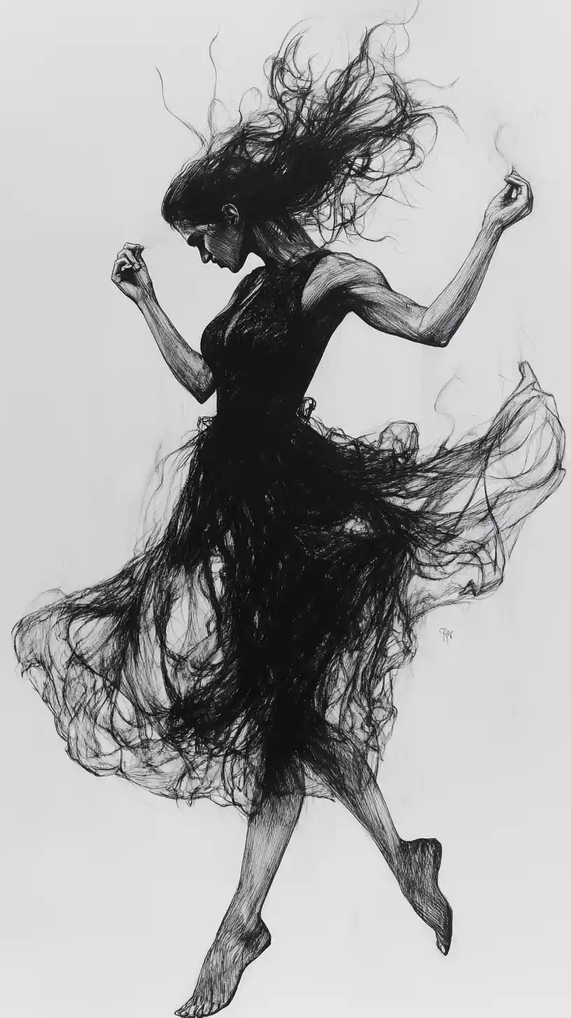 Graphite sketch of a dancing woman dissolving into chaotic motion