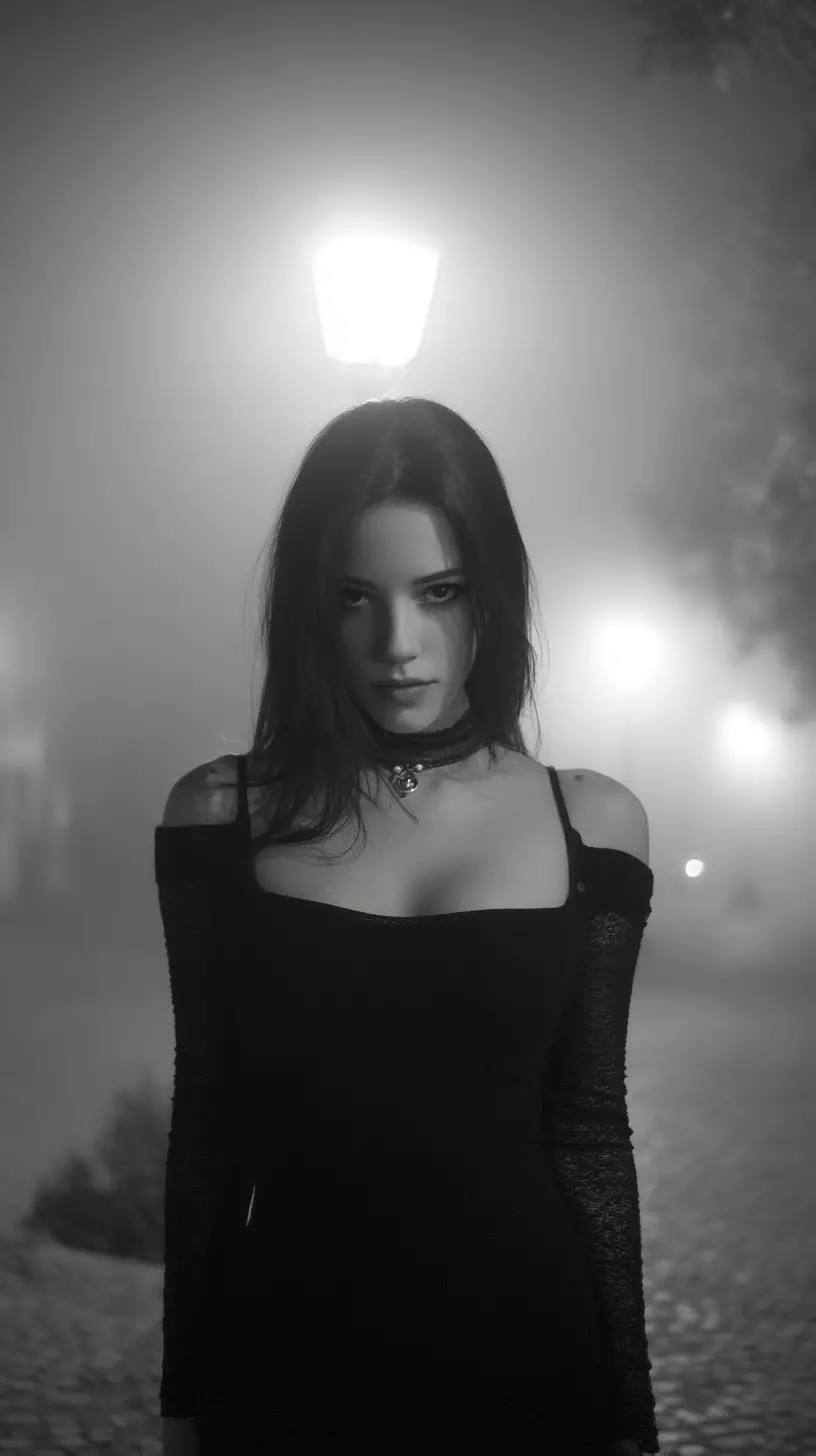 Retrato de uma mulher bonita em uma noite preta e branca com neblina