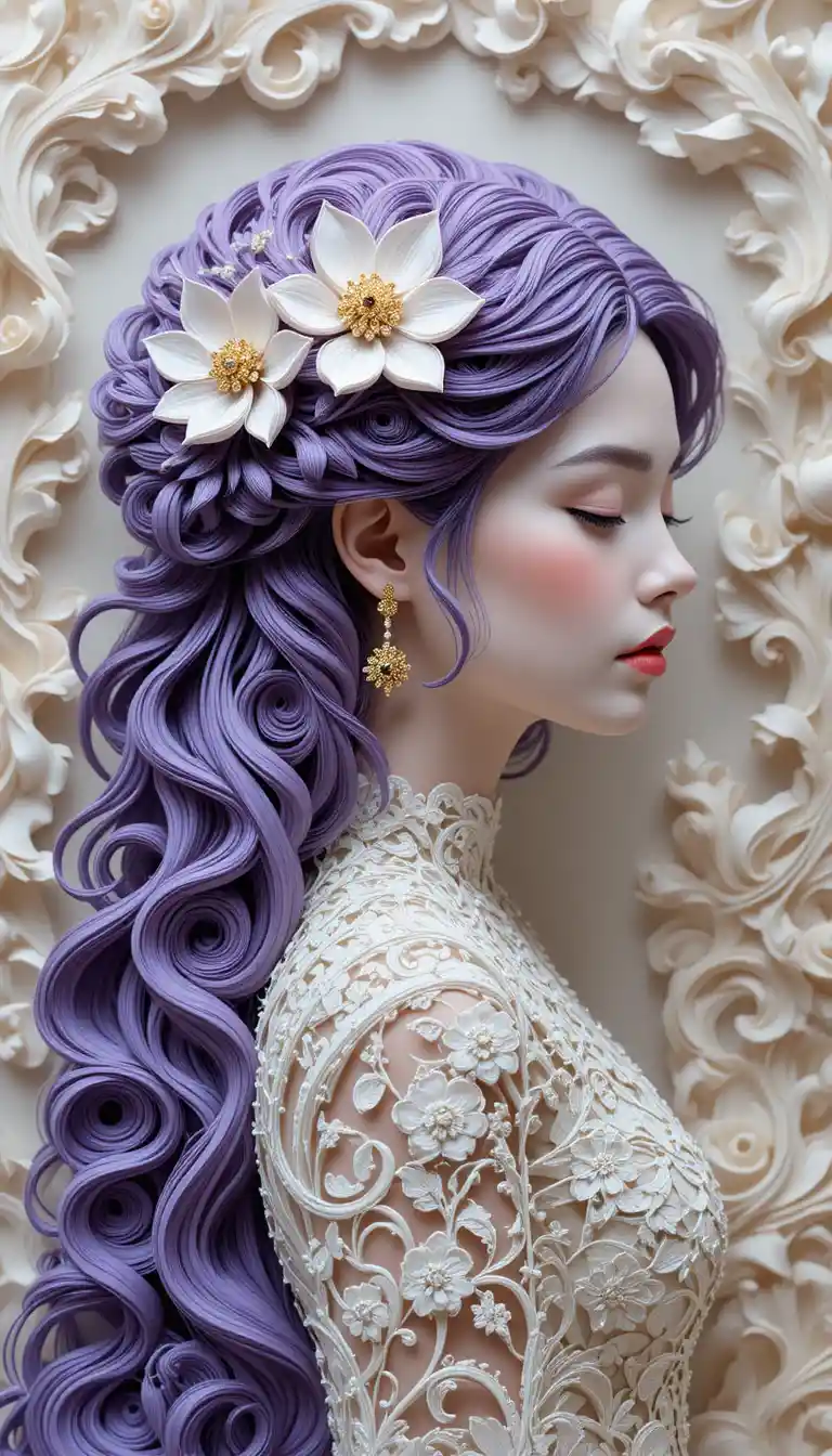 Serene paper quilling side profile portrait of a woman