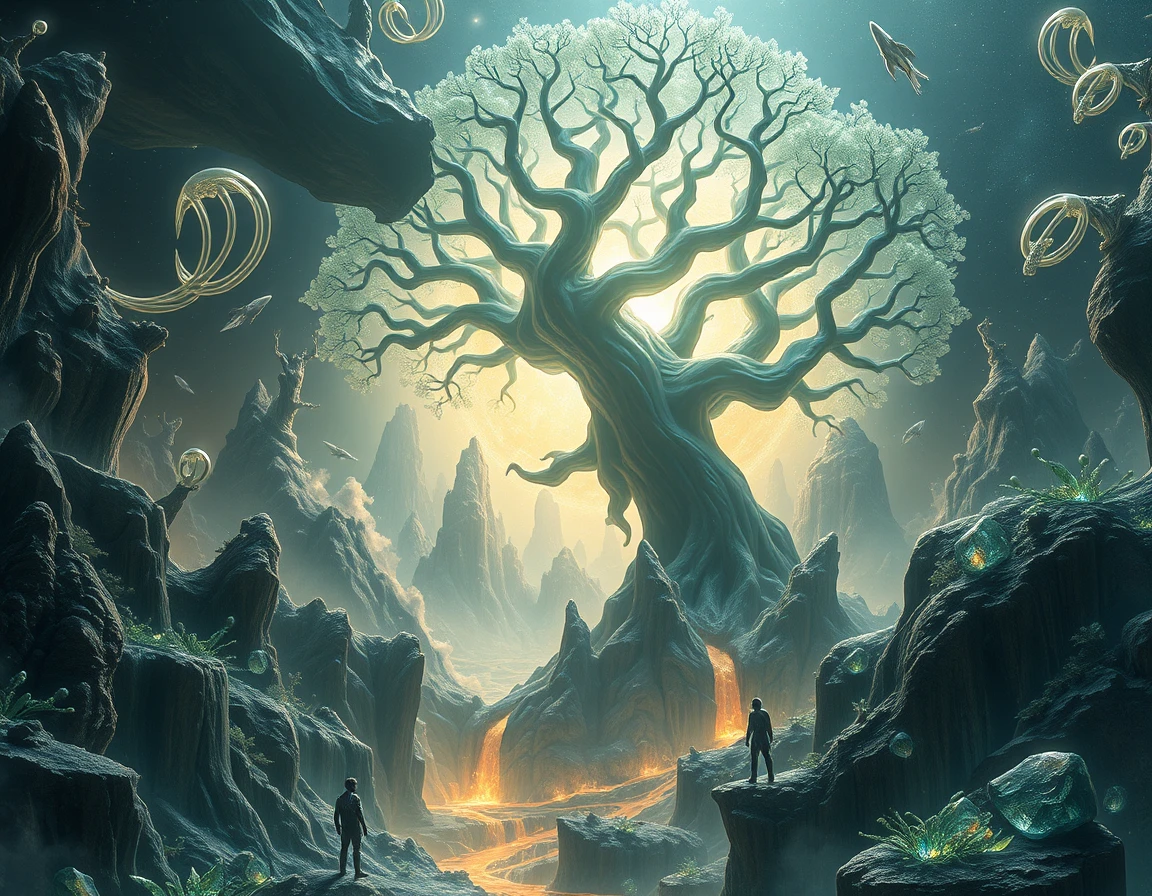 Colossal world tree growing through a shattered neutron star