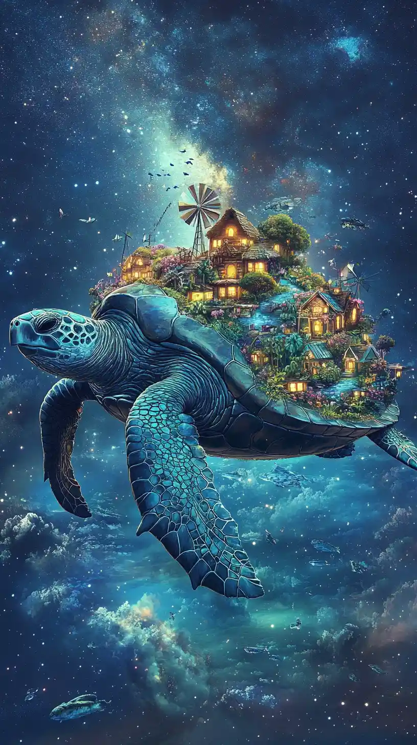 Gigantic sea turtle island drifting across a calm ocean