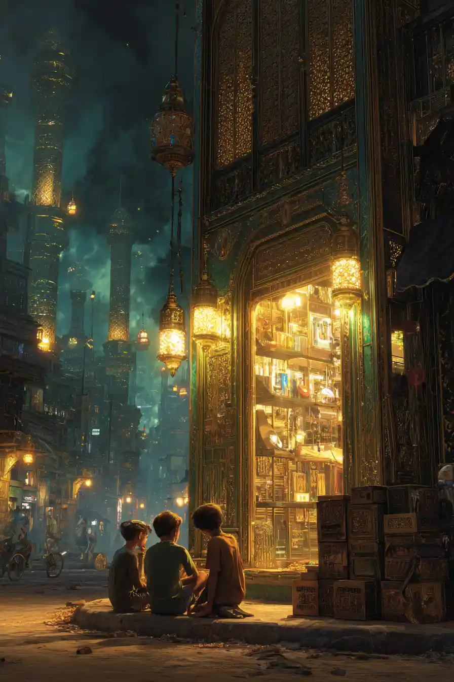 Three boys resting by a golden storefront in retro city