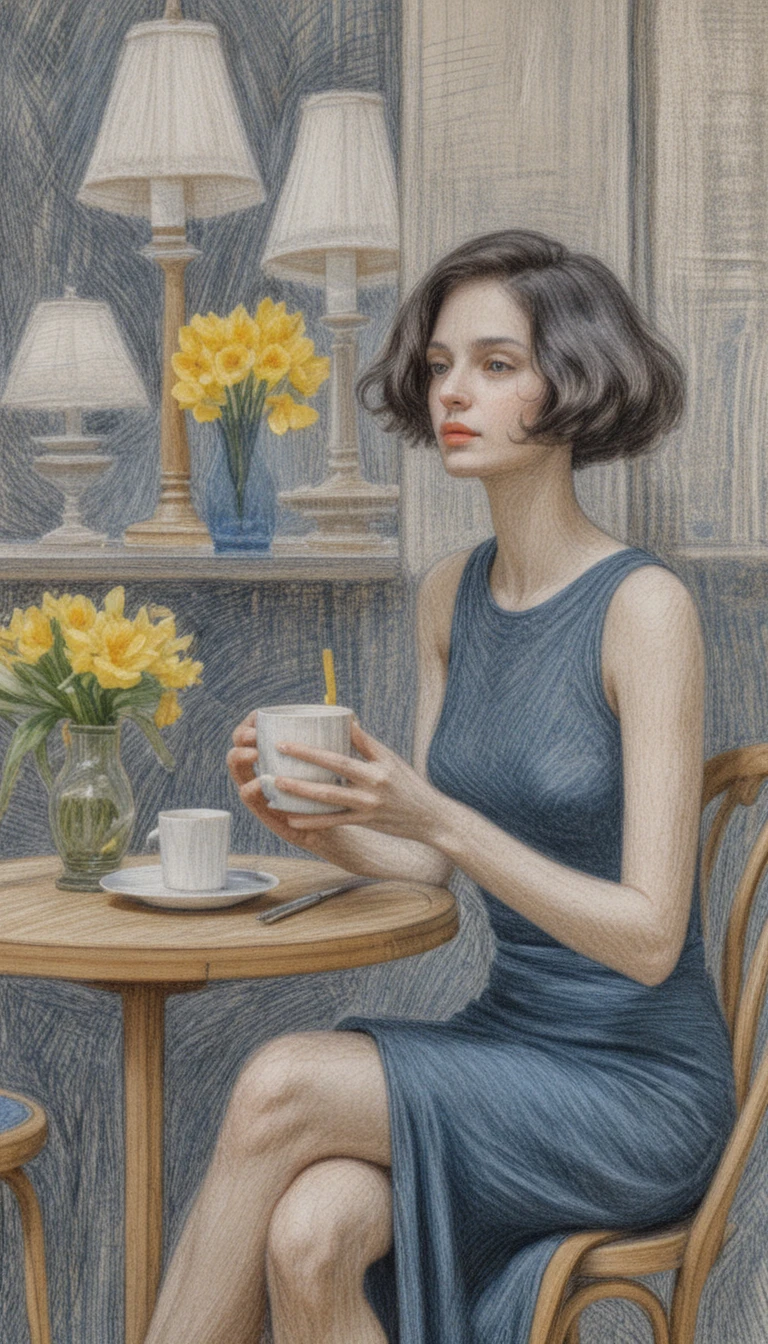 Young woman with coffee in a vintage style cafe drawing