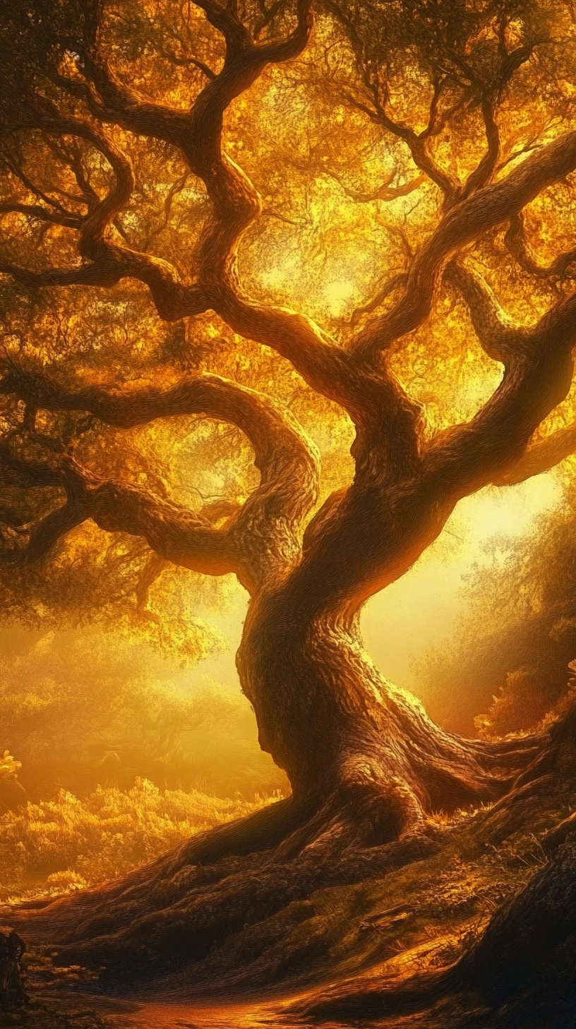 Ancient tree embracing weary travelers in warm golden light