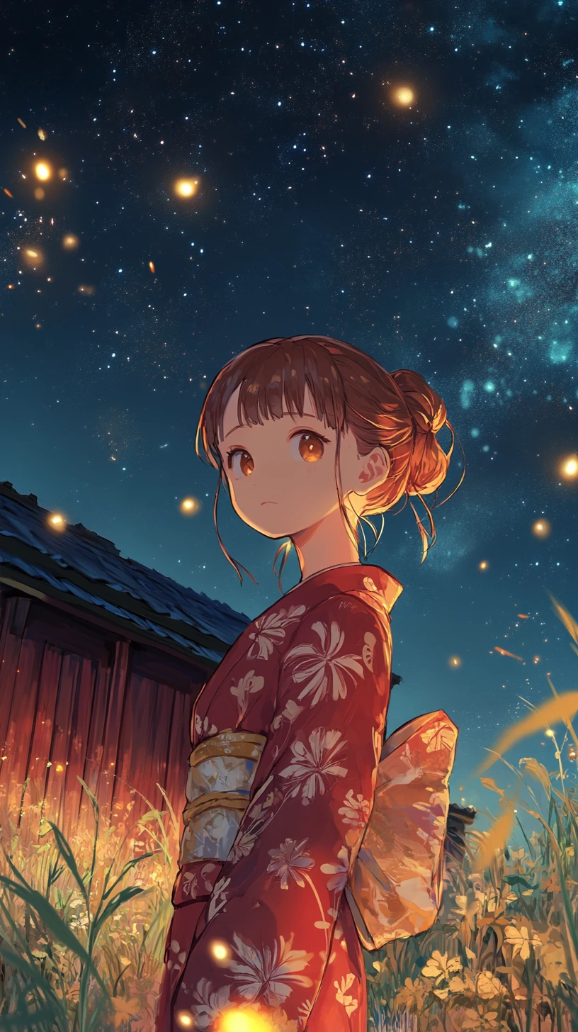Anime girl in red yukata under a starry night sky