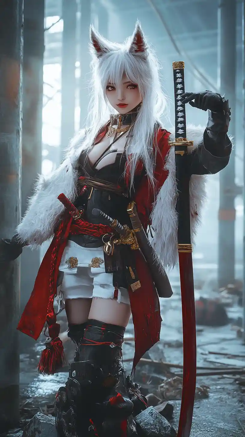 Anime girl holding a black and red katana in battle pose