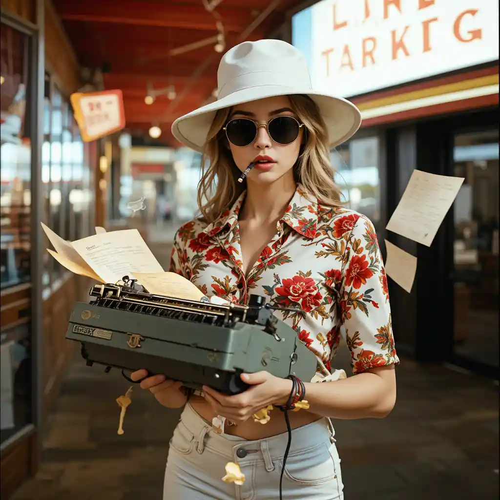 Eccentric woman with typewriter on a Las Vegas street