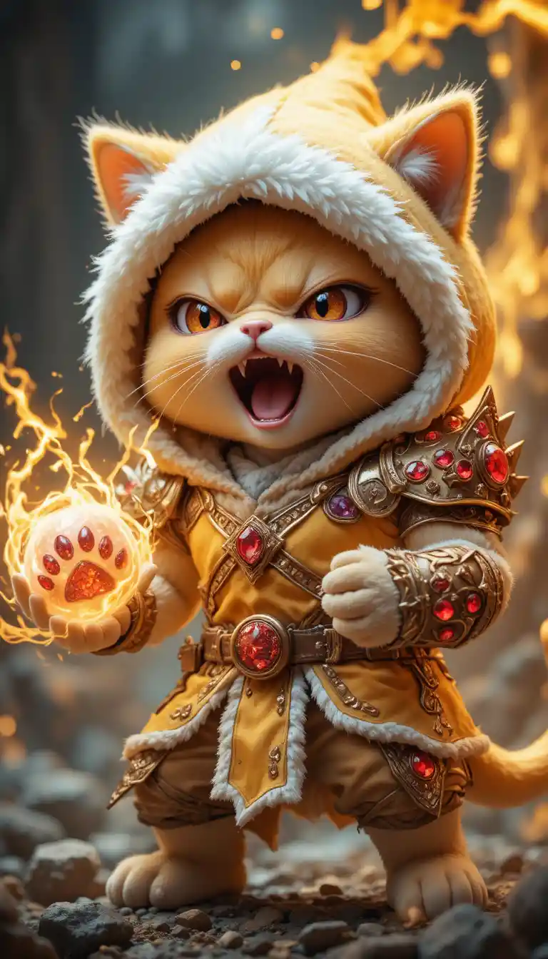 Powerful ragdoll cat warrior with blazing elemental aura