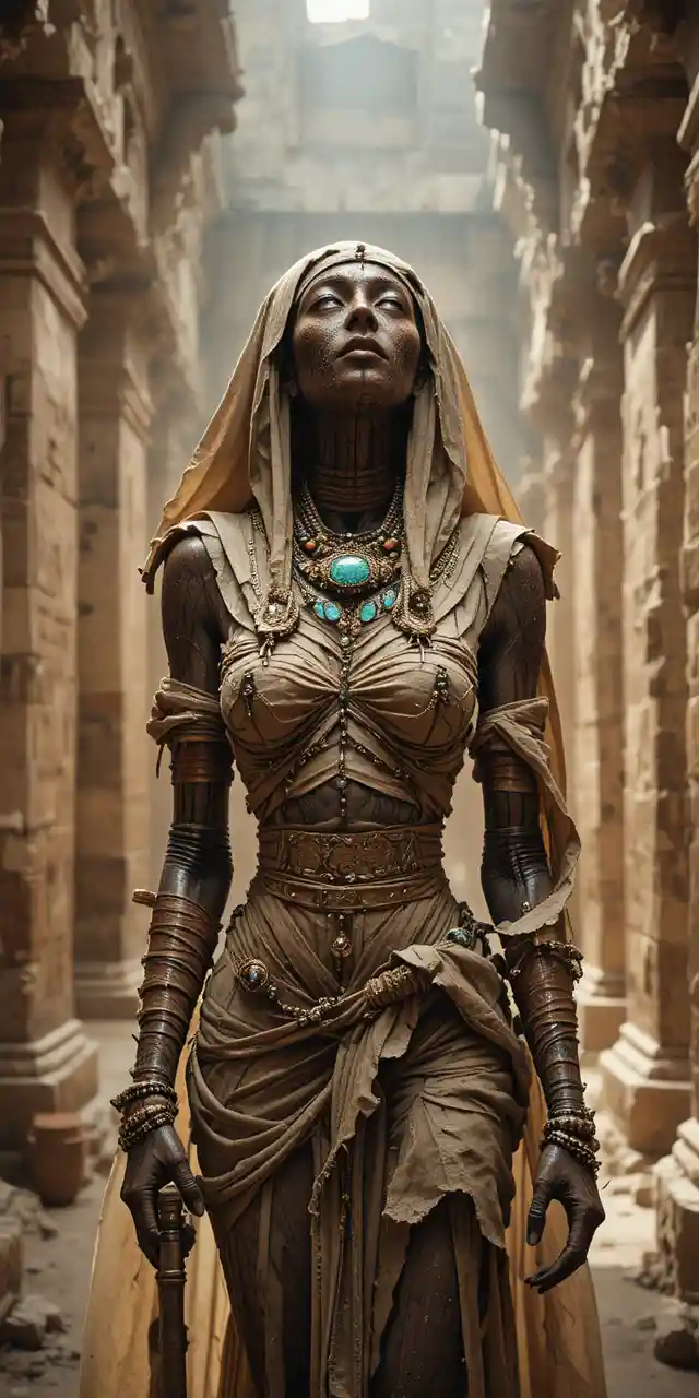Cinematic portrait of a jeweled ancient Egyptian mummy woman