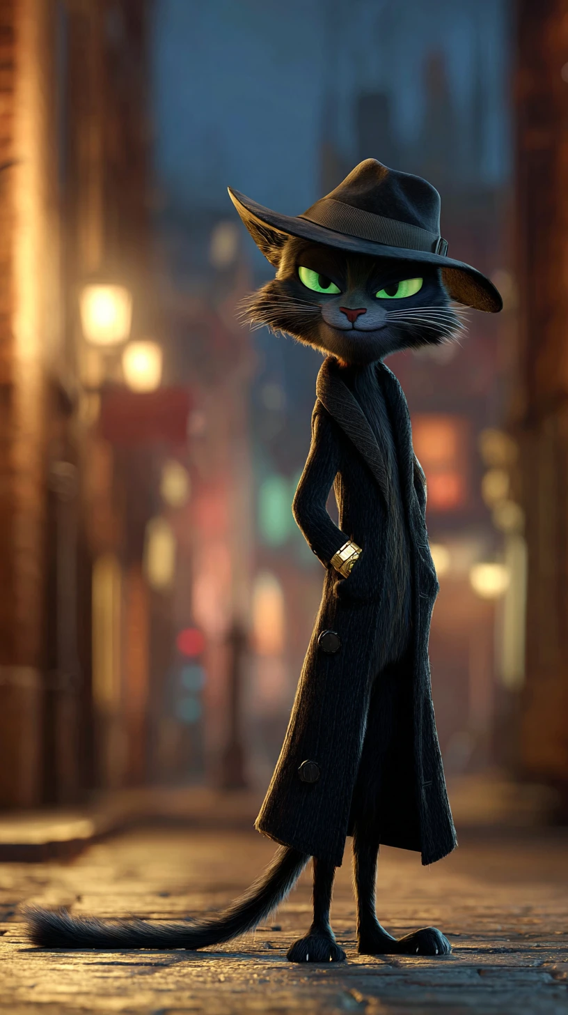 Gangster cat in fedora posing in a dim city alley