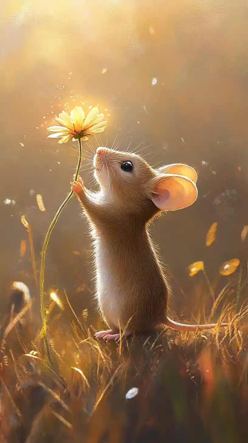 Tiny field mouse reaching toward a glowing morning flower sun