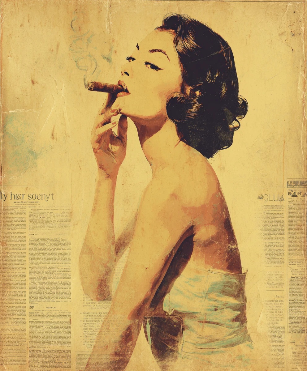 Playful vintage woman smoking cigar on retro tin sign