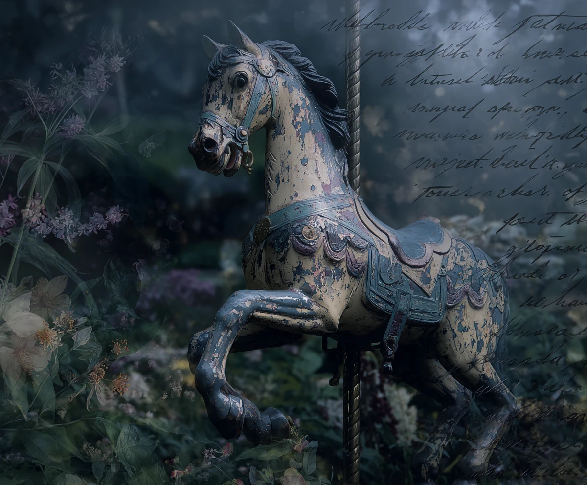 Antique Carousel Horse In A Moonlit Overgrown Victorian Garden