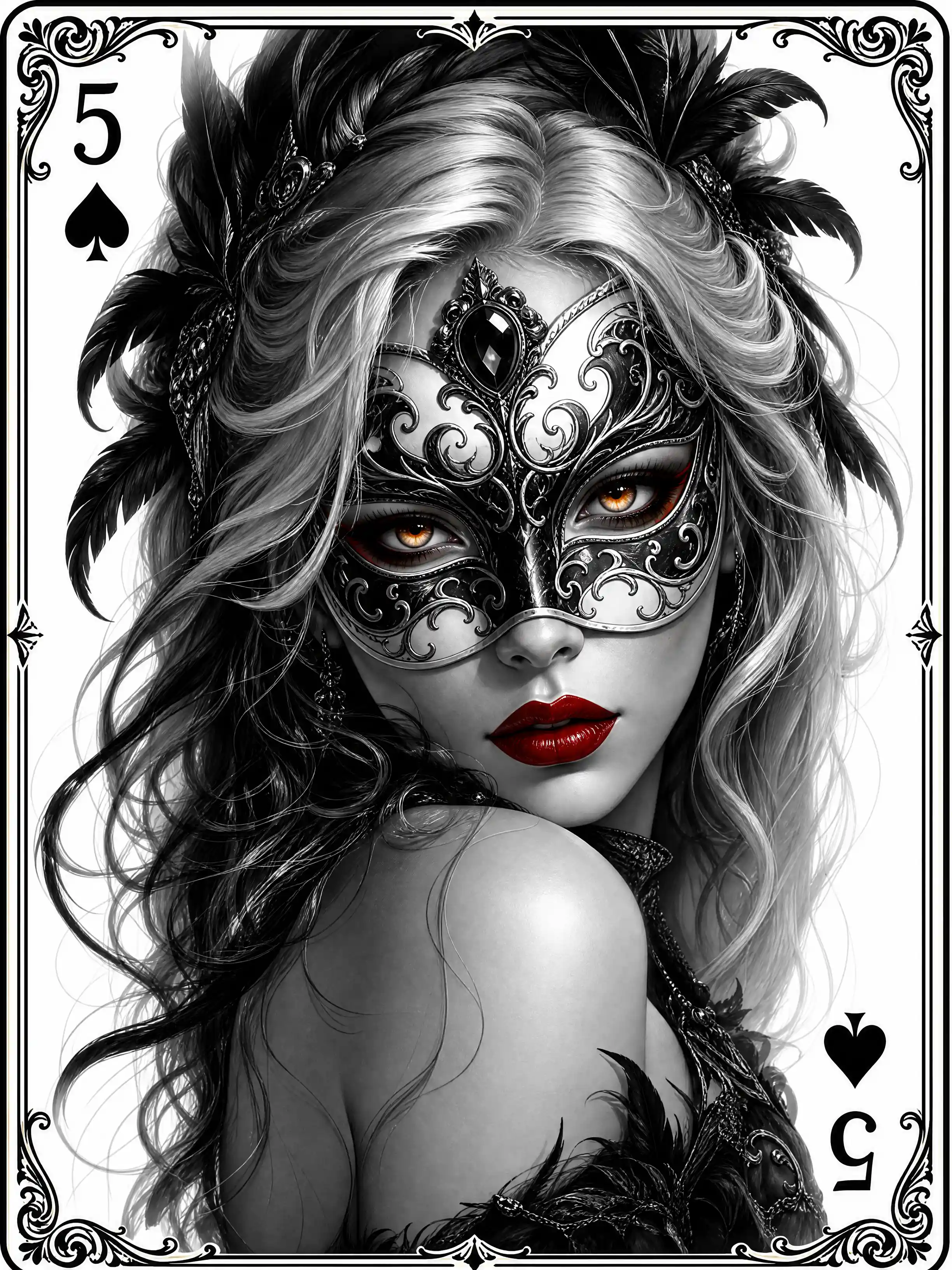 Masked woman portrait within a five of spades frame