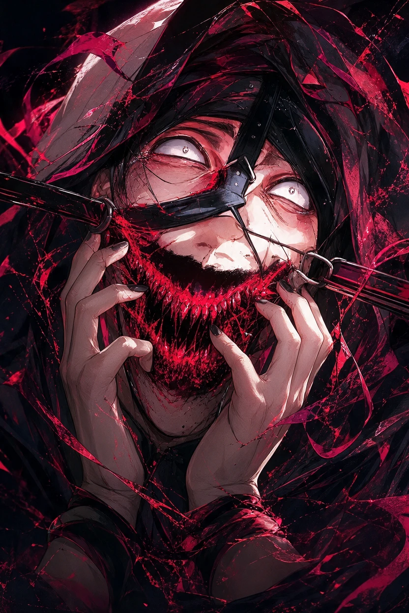 Extreme Close Up Of Hooded Woman In Surreal Crimson Horror