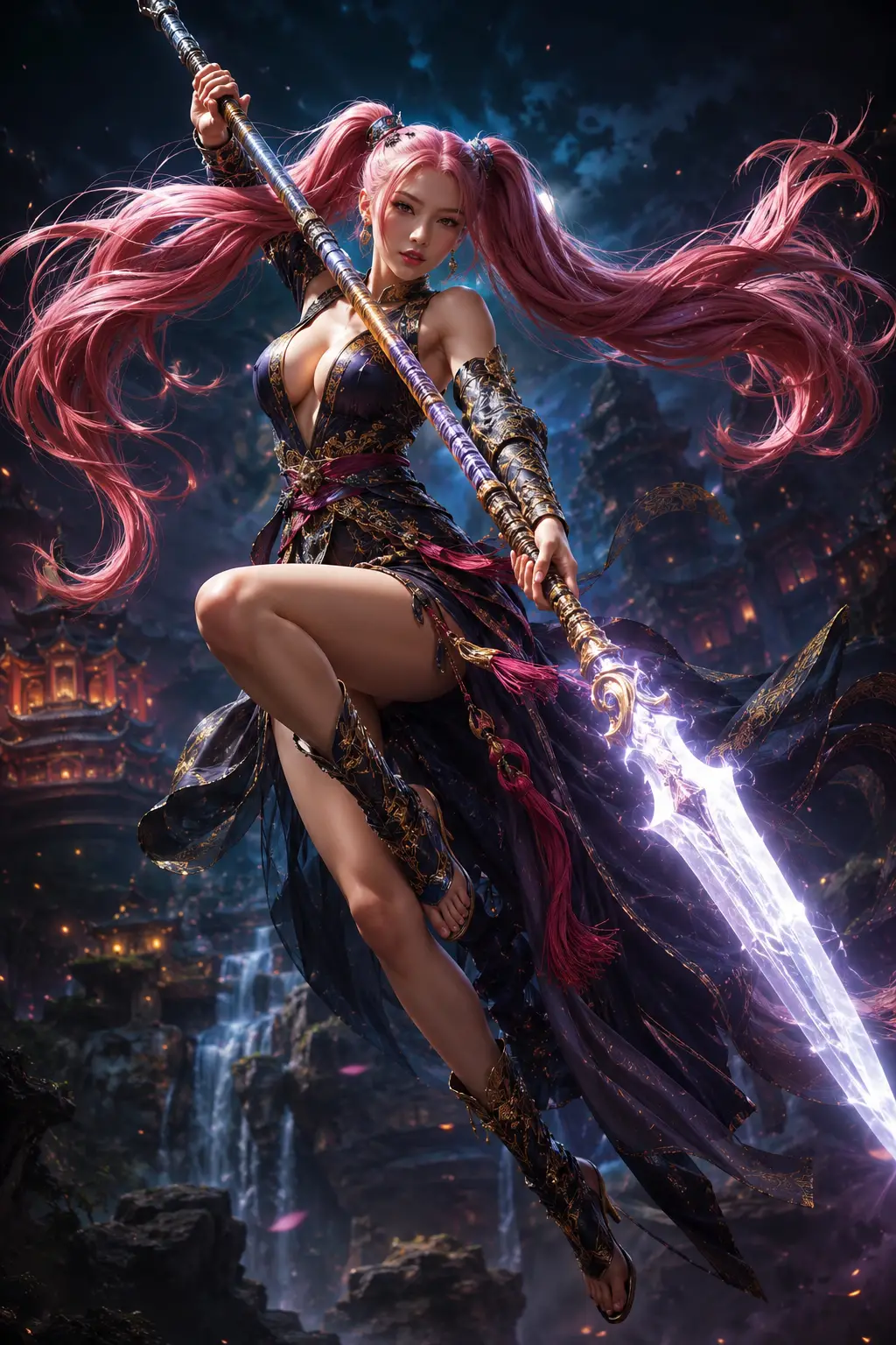 Pink haired spear warrior leaping in battle pose